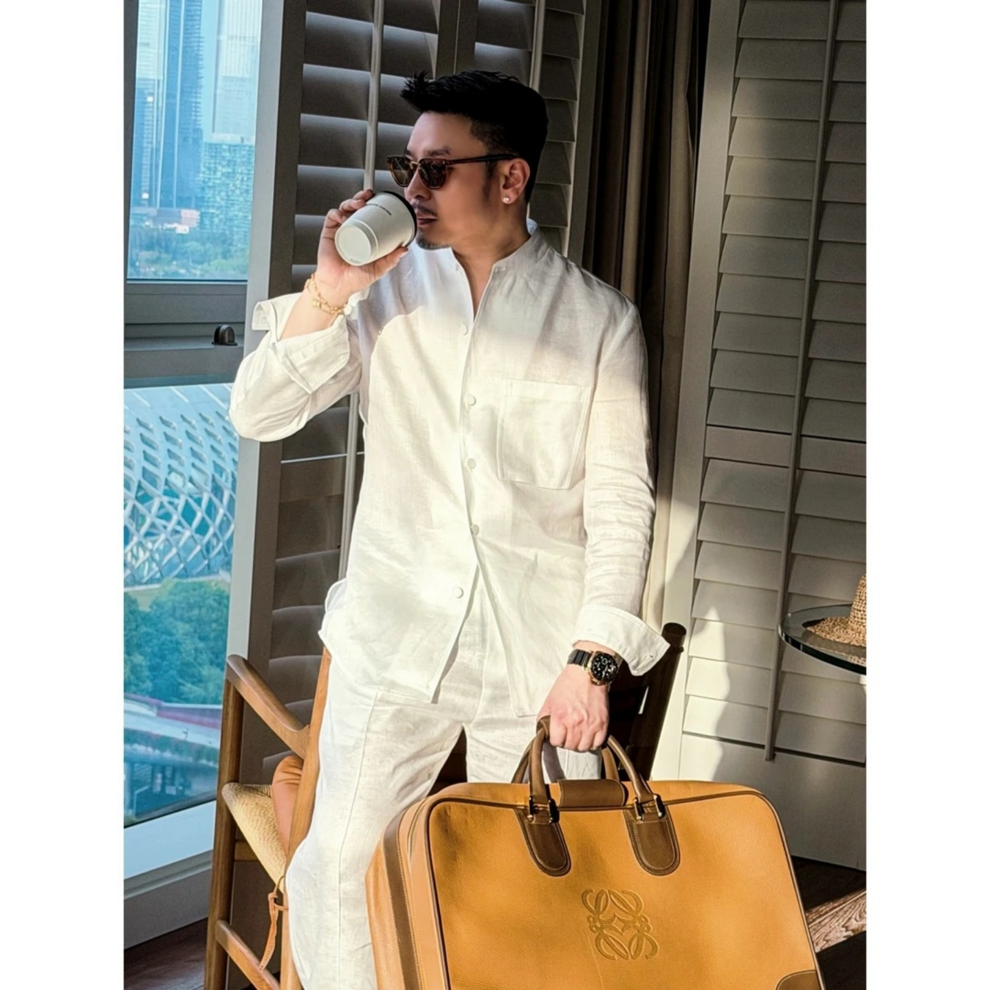 春夏新款老钱风阔版立领衬衫抽绳裤子气质轻奢小众两件套时尚套装