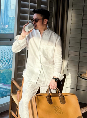 春夏新款老钱风阔版立领衬衫抽绳裤子气质轻奢小众两件套时尚套装