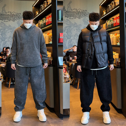 冬季加绒加厚星空斜纹套装男士连帽卫衣休闲裤潮流两件套男女同款