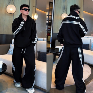 男装 直播间同款 运动套装 半拉链连帽潮流百搭卫衣条纹休闲卫裤 秋季