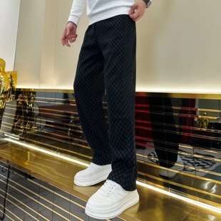 轻奢风棋盘格子直筒裤男士冬季加绒加厚撞色休闲裤高品质轻奢男装
