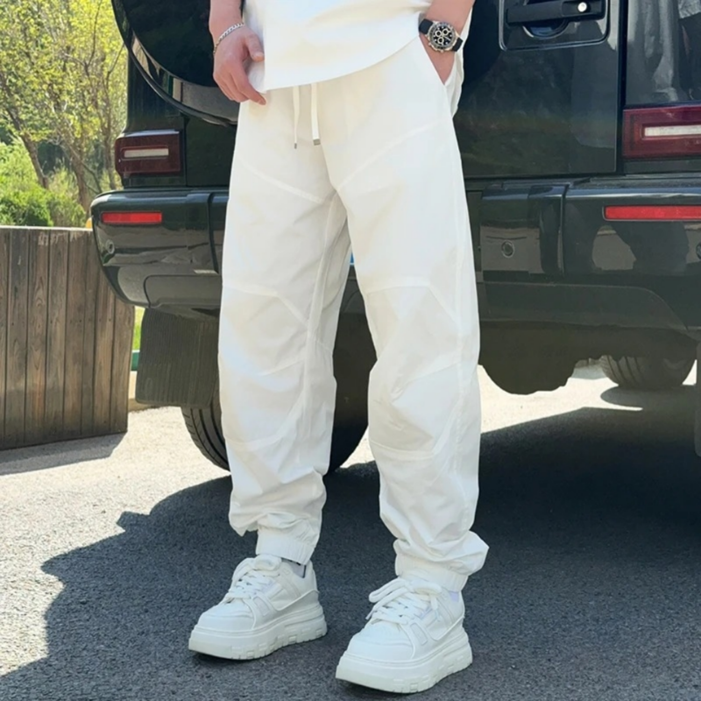 春夏静版百搭休闲弯刀裤男宽松束脚立体剪裁显瘦透气薄款工装长裤