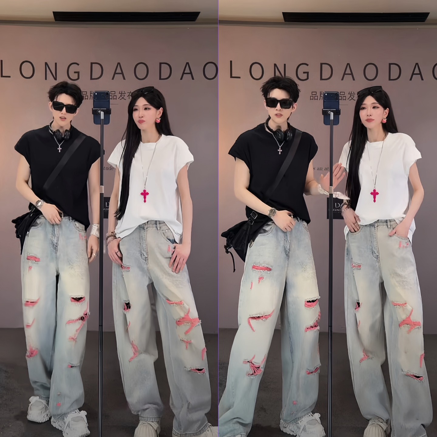 春夏季新品26ss粉色破洞水洗休闲裤美式复古个性痞帅弯刀裤牛仔裤