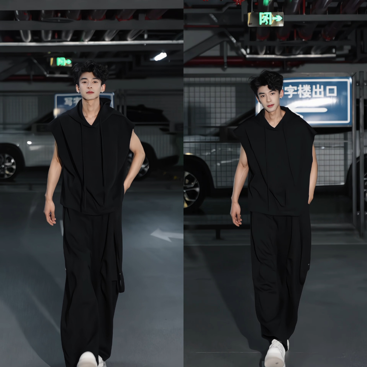 夏季新款男士潮流套装连帽无袖T恤上衣高级感宽松休闲直筒裤痞帅