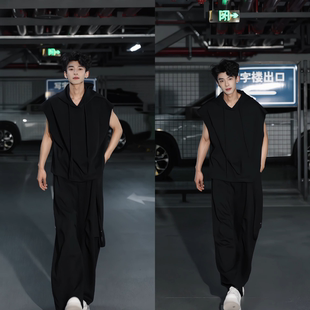 夏季新款男士潮流套装连帽无袖T恤上衣高级感宽松休闲直筒裤痞帅