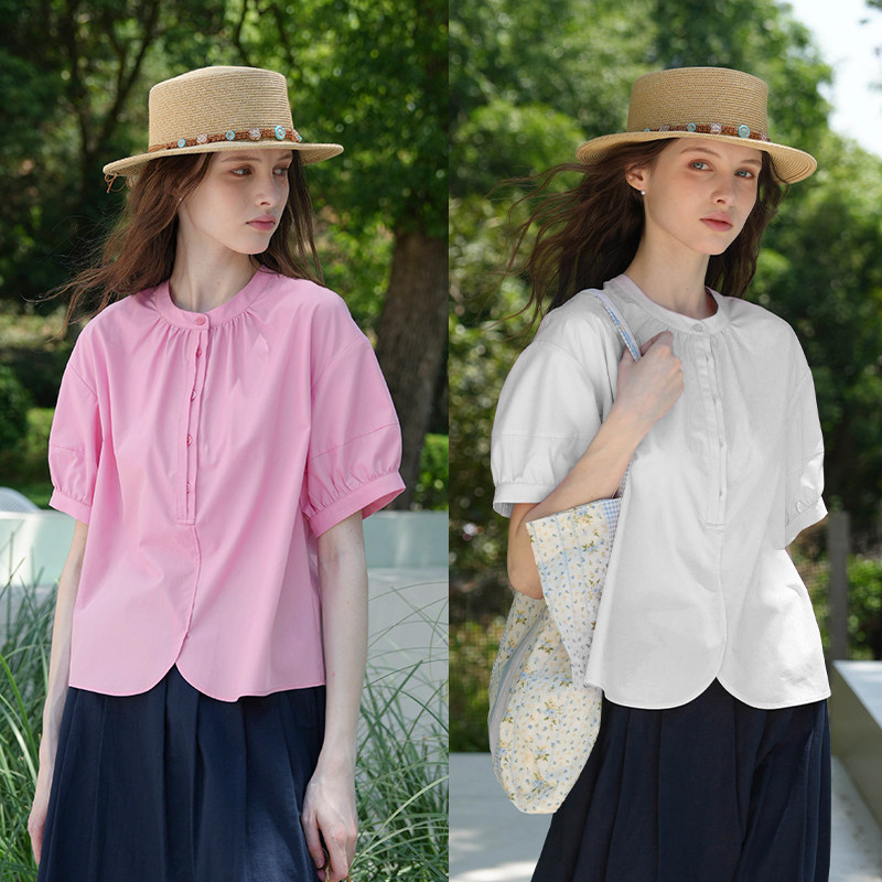 Bruland 法式复古纯色圆领泡泡袖衬衫简约宽松百搭短袖衬衫上衣女