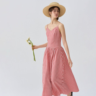 Bruland 复古格子裙肩带春夏度假风吊带连衣裙长裙 乡间小莓法式