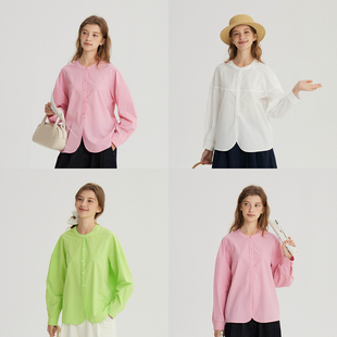 挪威 纯色宽松显瘦长袖 春天 复古圆领衬衫 上衣女 法式 Bruland