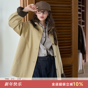 Bruland “旧时光派对1980”袖口格纹撞色复古巴恩风单排扣风衣女