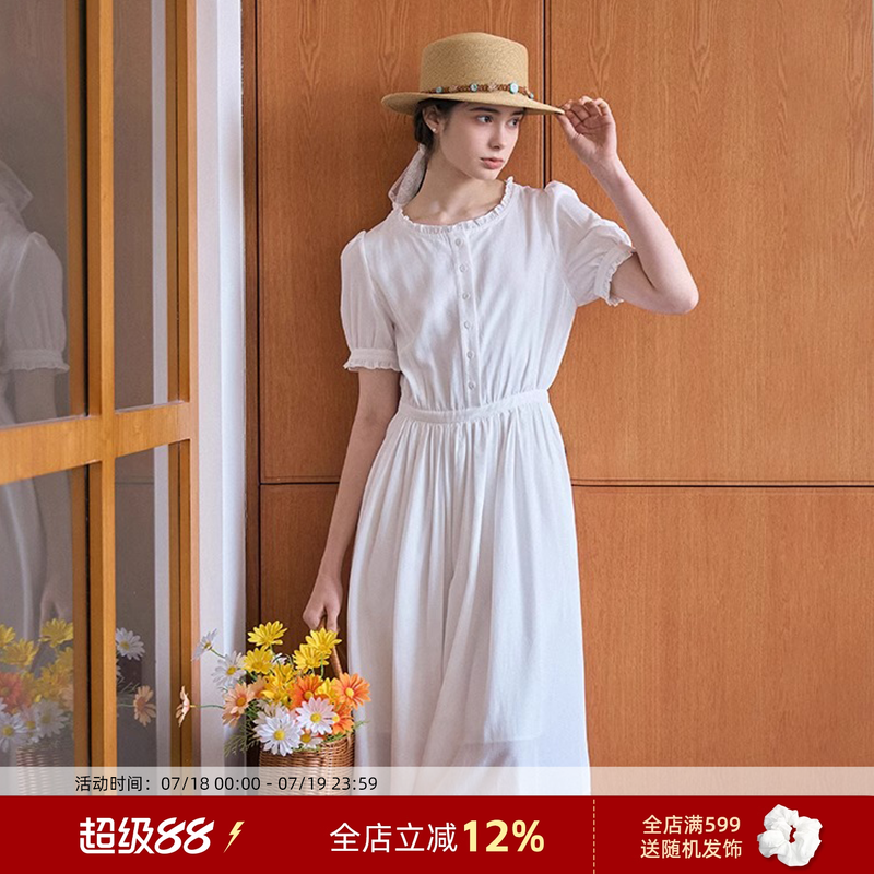 法式麻棉连衣裙简约高腰纯色长裙