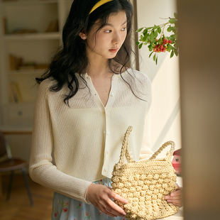 女薄款 Bruland 法式 白色镂空针织开衫 复古宽松慵懒短外套 防晒罩衫