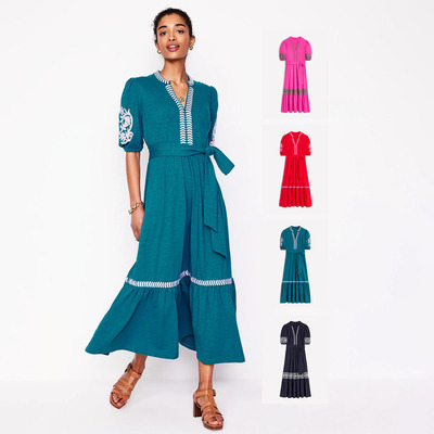 舒适有厚度竹节棉大裙摆刺绣装饰V领灯笼袖中长款连衣裙4色有大码