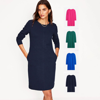 英伦经典秋季棉混纺坑纹布纯色立体裁剪直筒七分袖连衣裙有大码