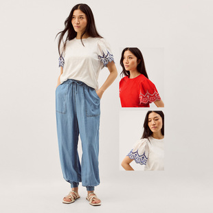 2色有大码 舒适全棉 T恤 宽松圆领短袖 镂空刺绣飞袖 拼接