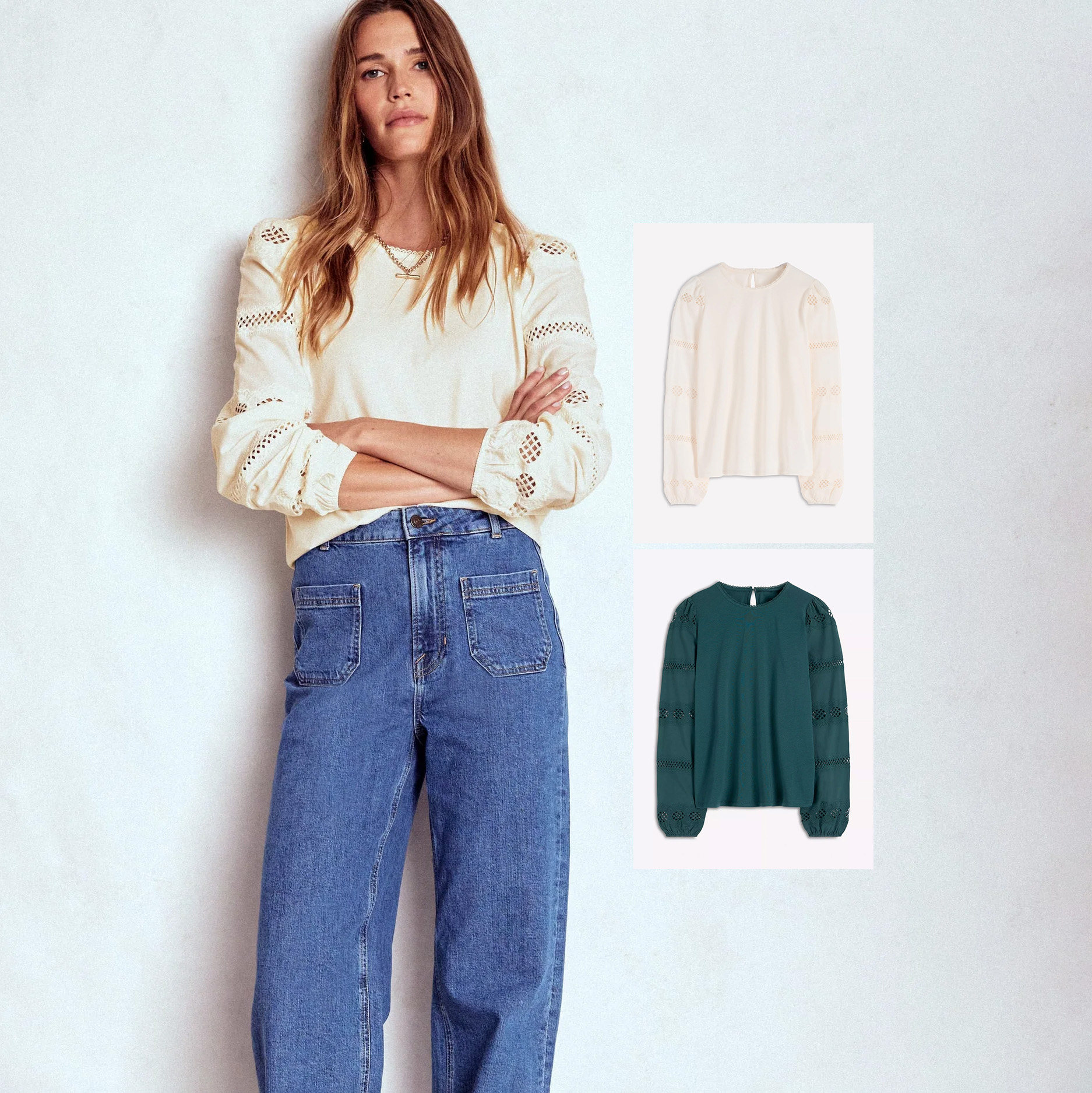 莫代尔棉蕾丝钩花拼接袖颈后纽扣圆领长袖T恤2色有大码