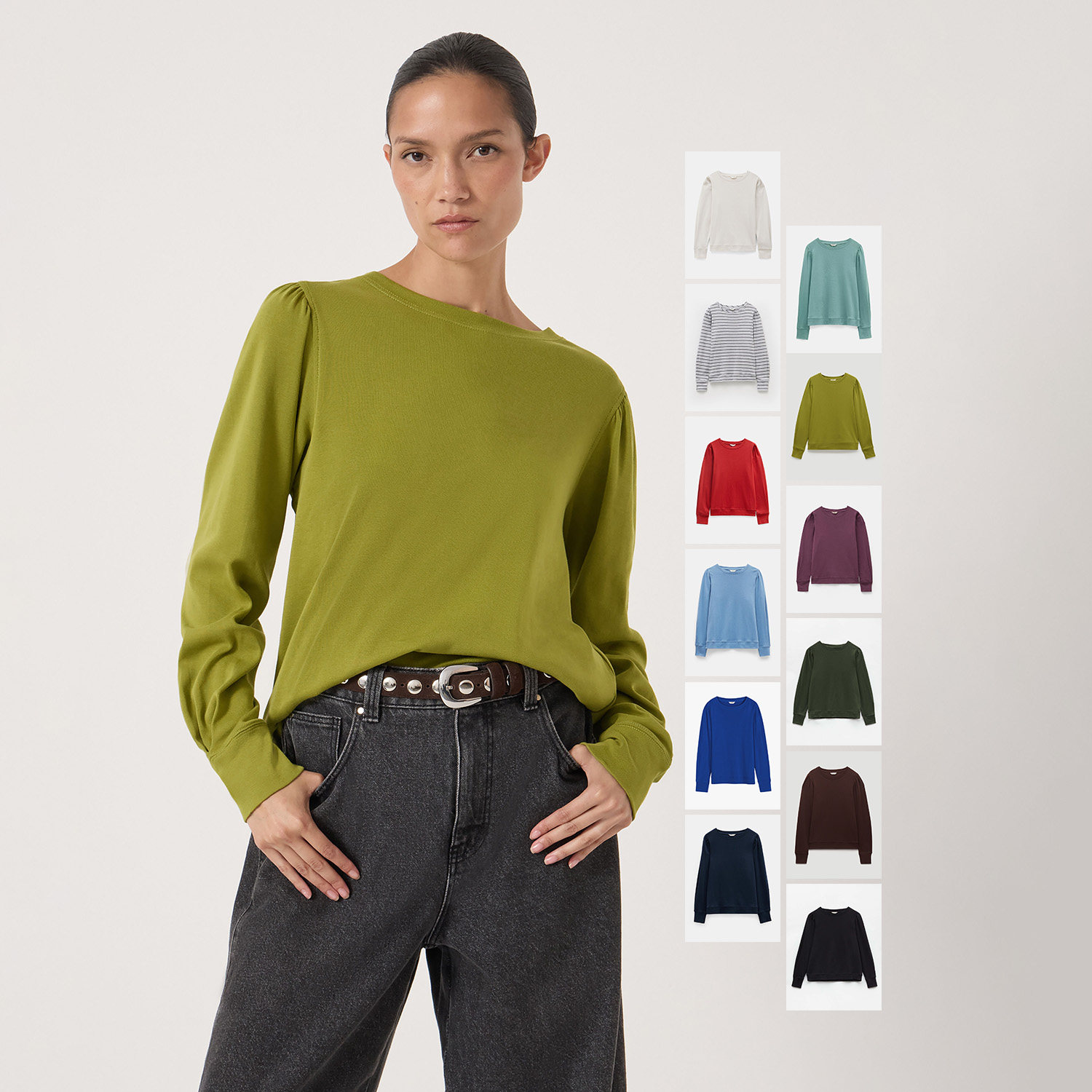 柔软全棉百搭基础打底外穿罗纹收口泡泡肩圆领长袖T恤 多色有大码