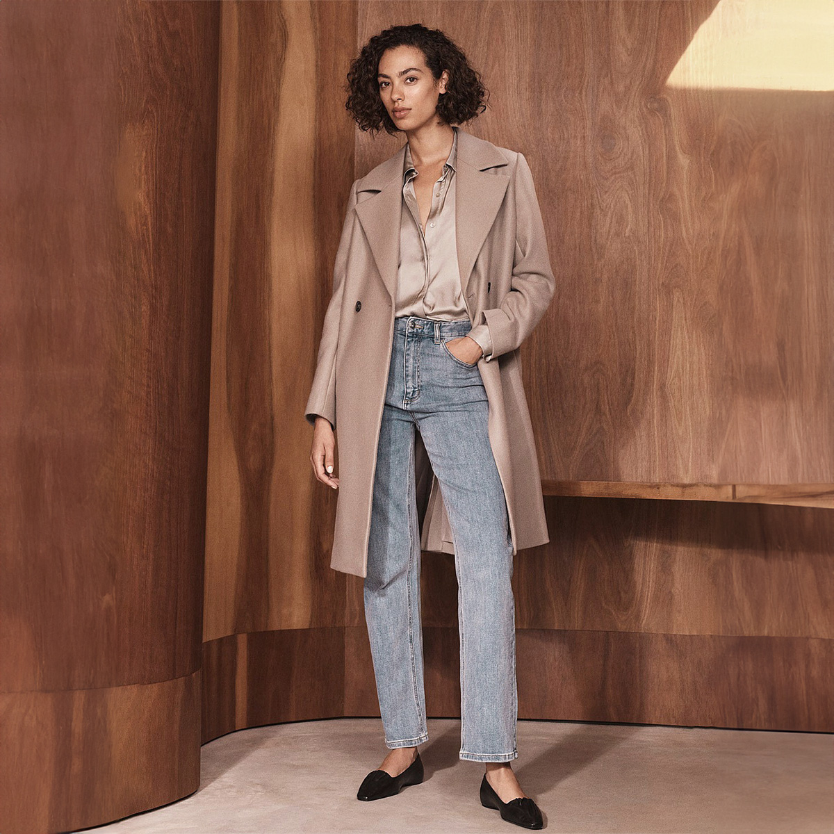 意产Tessuti斜纹羊毛羊绒纯色直筒双排两扣合身中长款毛呢大衣