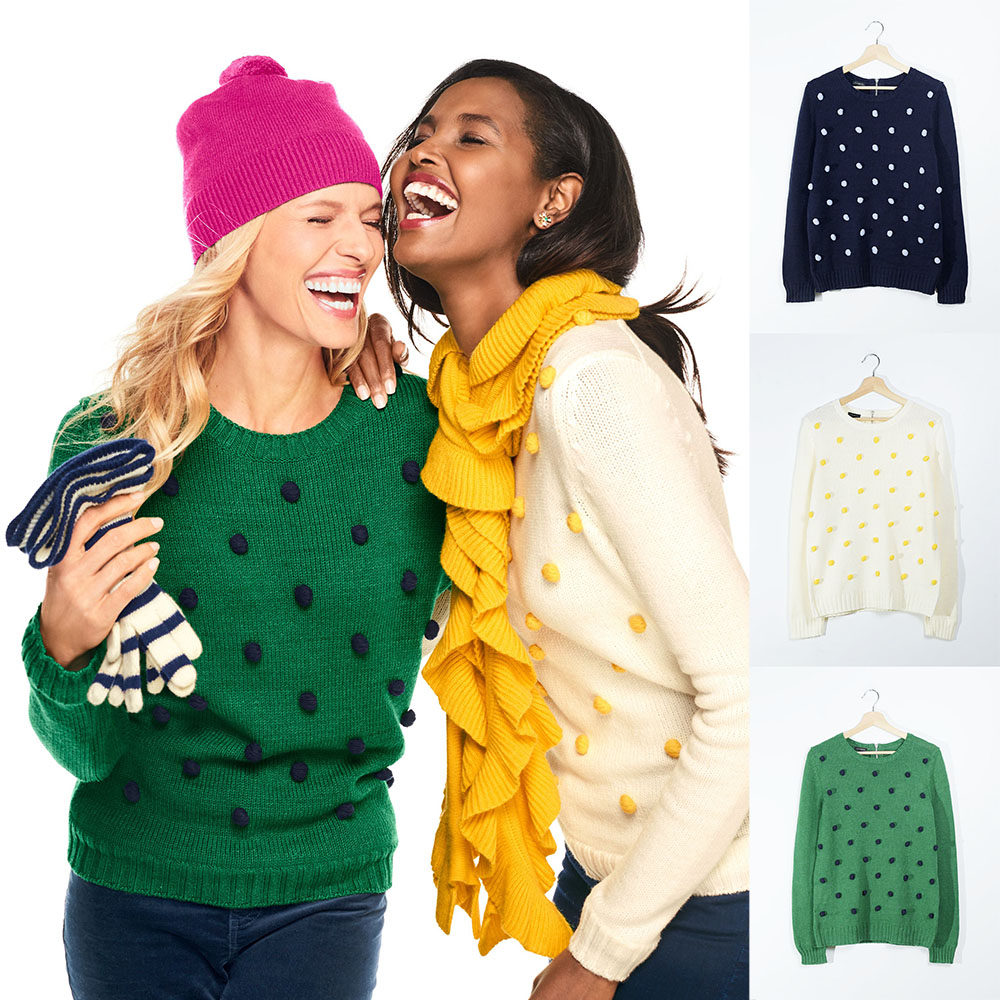 舒适棉质 可爱毛球装饰 颈后拉链 圆领长袖针织衫毛衣 3色有大码,女装/女士精品,毛针织衫,淘宝优惠券,粉丝福利购,淘宝优惠卷