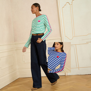 舒适全棉色织条纹波浪贴布装 T恤 饰圆领长袖