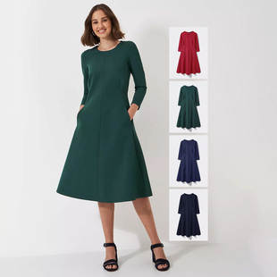细密粘纤罗马布春季修身高腰七分袖A字裙摆纯色连衣裙4色有大码