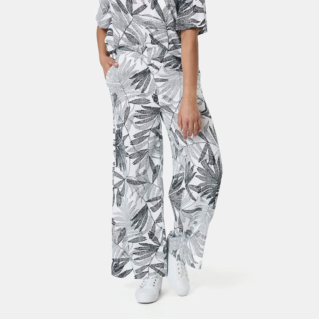 夏季民族风格叶子印花垂感亚麻弹力腰围 宽松高腰阔腿裤休闲裤