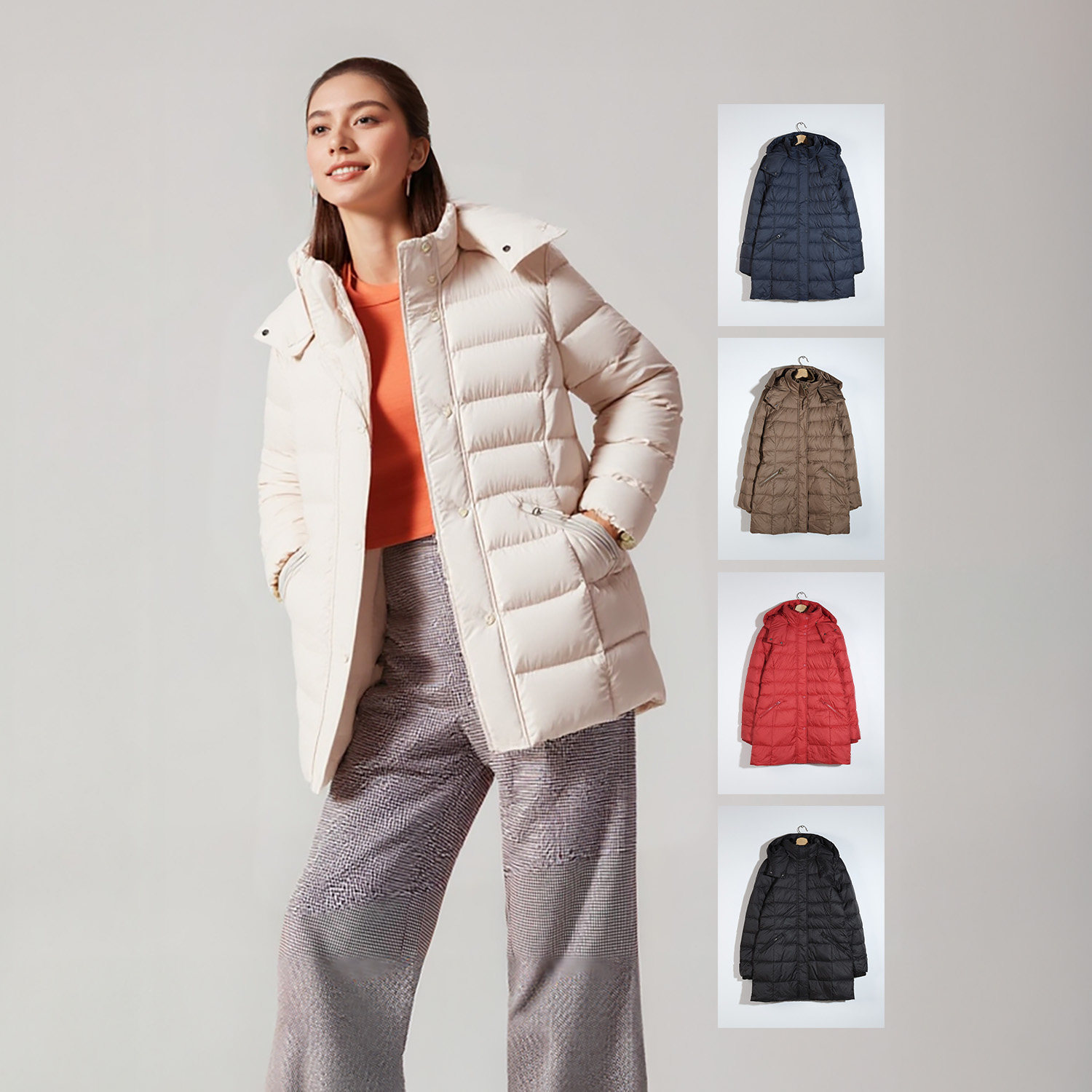 北欧简约纯色蓬松保暖防水面料可拆卸帽拉链修身中长款羽绒服