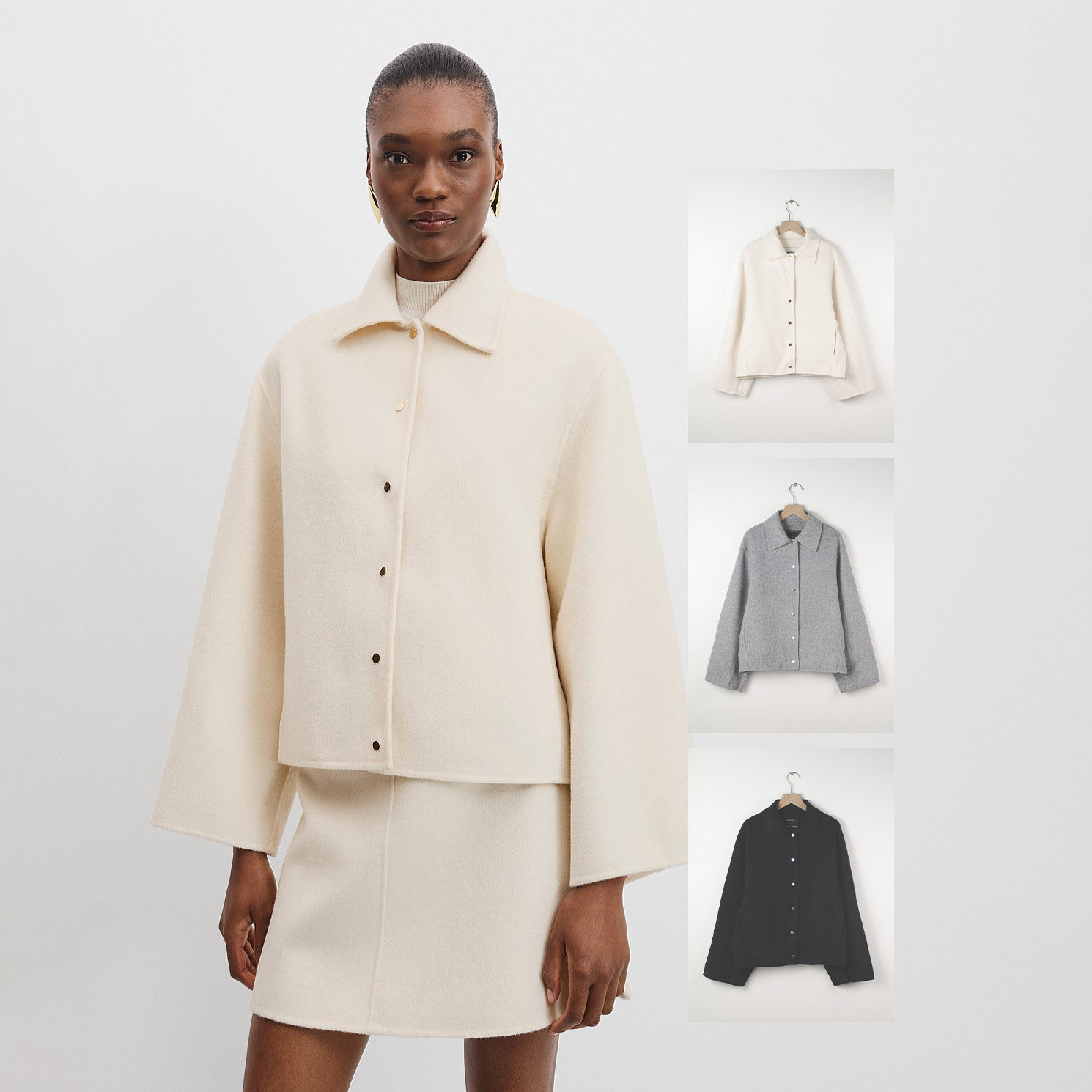 羊毛手工双面尼 宽松裁剪按扣翻领羊毛短外套3色有大码