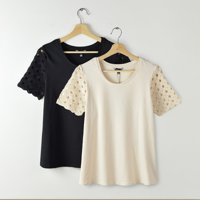 柔软粘纤棉 镂空钩花袖子 纯色圆领短袖T恤 2色有大码