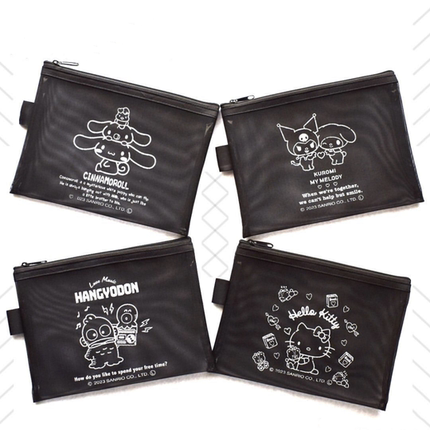 日本收纳包卡通玉桂狗美乐蒂鱼怪印花酷炫黑色PVC网纱拉链化妆包