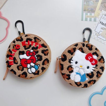 卡通可爱豹纹Kitty圆形钥匙扣包包毛绒挂件耳机口红收纳包