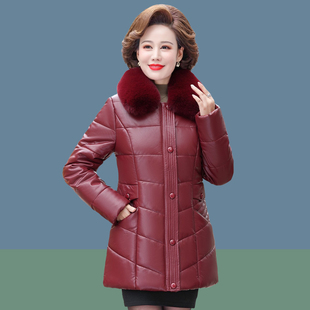 妈妈冬装加厚PU皮衣外套气质中老年女装中长款保暖皮棉衣棉袄棉服