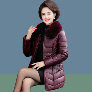 妈妈装冬季PU皮棉衣大毛领中老年女装加厚中长款洋气棉袄棉服外套