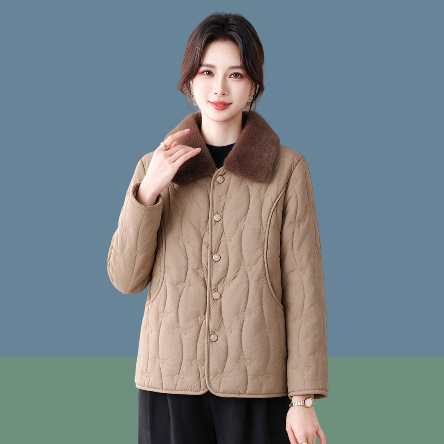 妈妈装冬季加绒棉衣棉服新款中老年女装保暖宽松洋气毛领棉袄外套