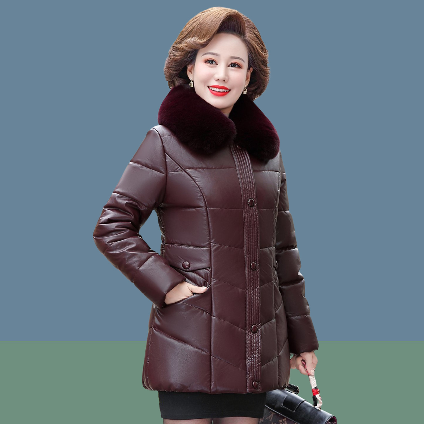 妈妈冬装加厚皮衣外套中长款气质中老年人女装冬季皮棉衣棉袄棉服