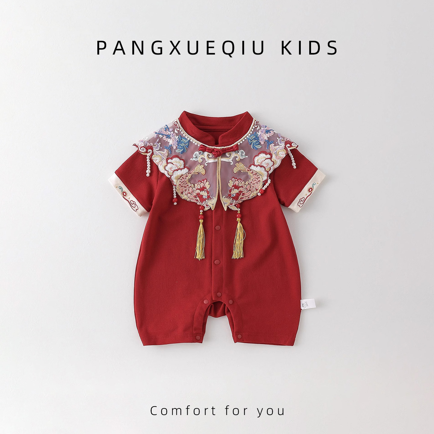 女宝宝周岁礼服百日宴红色连体衣