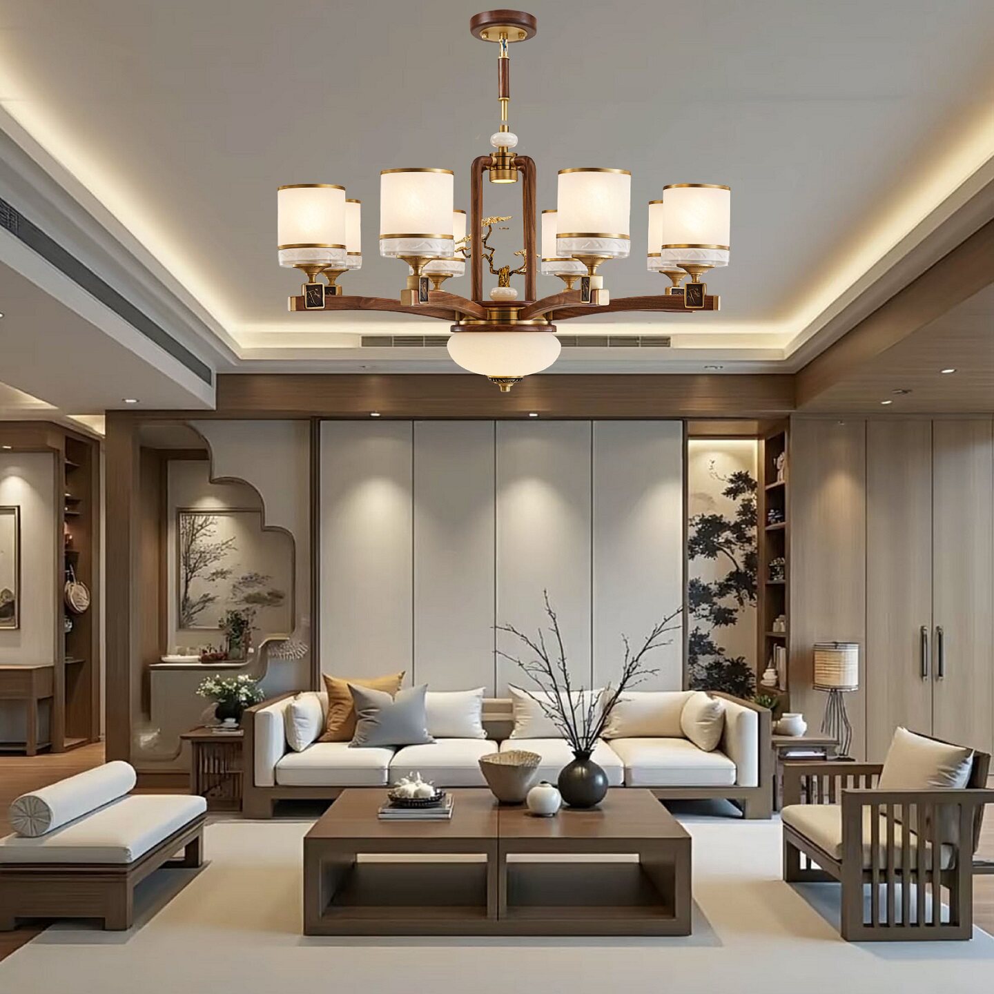 新中式客厅吊顶黑胡桃木别墅大厅宋式美学餐厅卧室禅意书房灯具