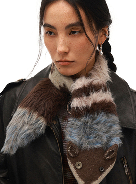 物理少年「落跑狐狸」羊驼绒仿貂毛复古感蓬松柔软椰壳扣狐狸围巾