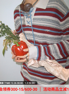 物理少年 逃离计划系列「雪国列车」美式复古条纹Polo领绑带毛衣