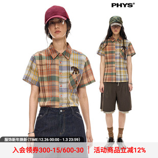 物理少年「格纹杰克」复古格纹拼接小狗刺绣正肩微收腰短袖 衬衫