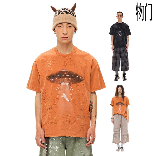 物理少年飞碟小猪印花短袖T恤