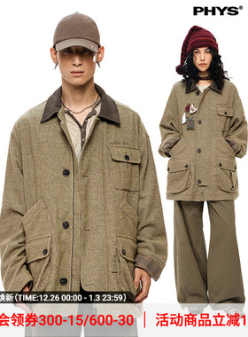 【线下同款】物理少年「缥缈时钟」羊毛千鸟格毛呢拼接夹克外套