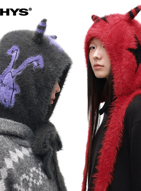 物理少年「恶魔之蜗」怪诞仿貂毛软糯蜗牛五角星提花软糯毛织帽