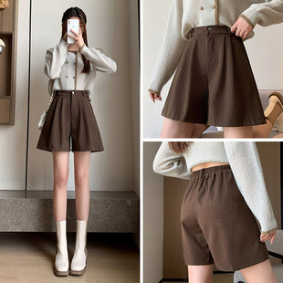 小个子高腰a字阔腿裤 大码 女秋冬新款 短裤 外穿配靴子 黑色毛呢西装