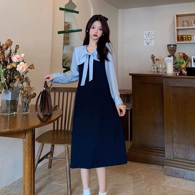 赫本风假两件拼接茶歇裙女春秋蝴连衣裙