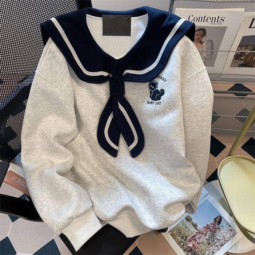 刺绣小猫海军领卫衣女