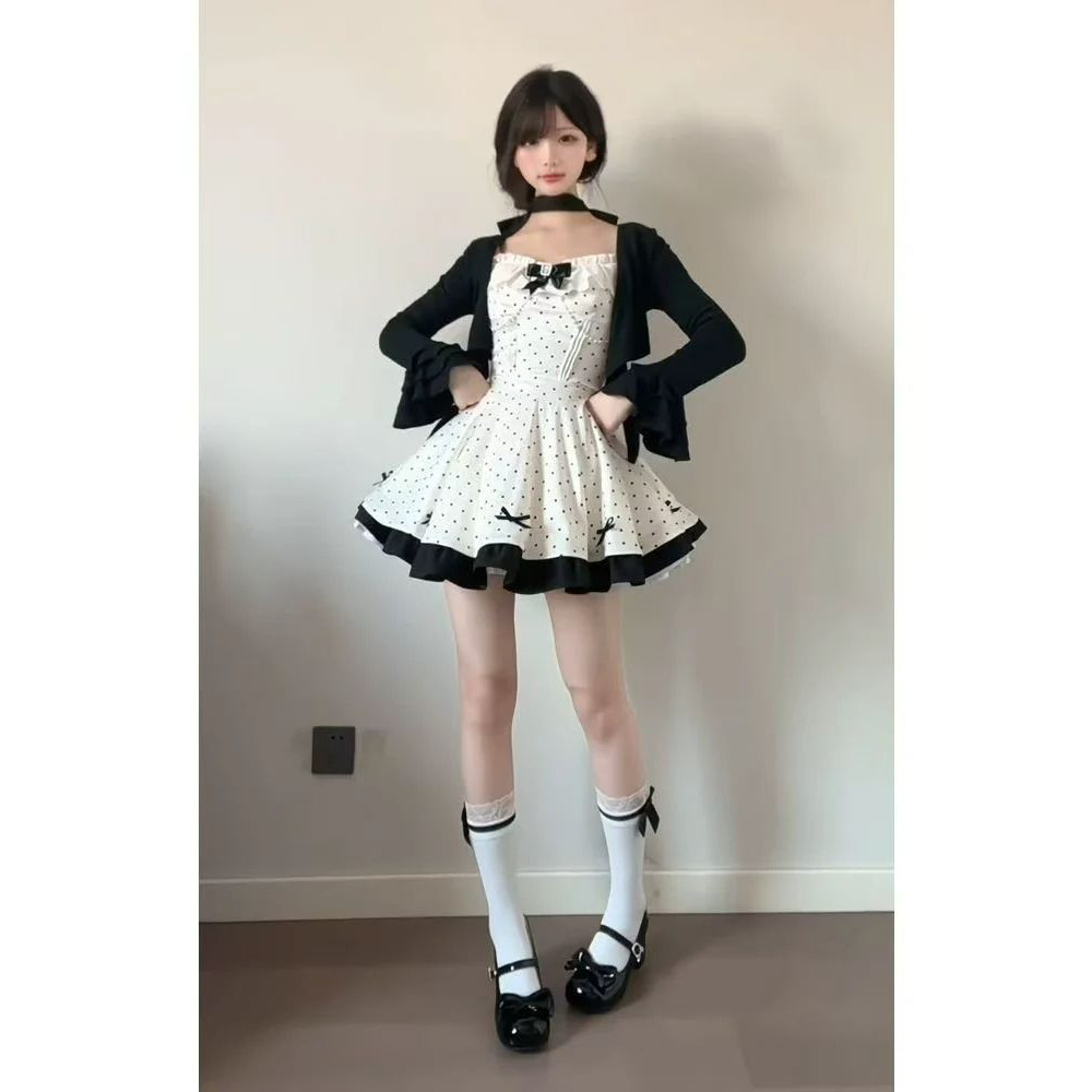 日系甜美波点蝴蝶结连衣裙套装
