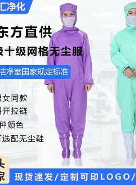 天马十级百级蛙式藏青色洁净服京东方紫色小网格斜拉链定制无尘服