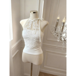 纯欲辣妹蕾丝挂脖吊带背心女内搭美背文胸一体带胸垫