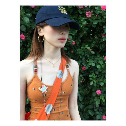 美式辣妹波点挂脖修身吊带背心
