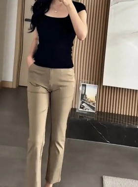 网红卡其色老钱风烟管直筒西裤女夏季薄款新款修身小脚九分裤子
